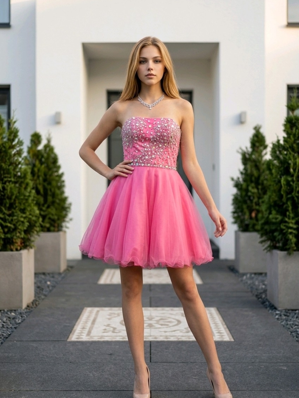 Mon Cheri Hot Pink Strapless Beaded Tulle Mini Dress